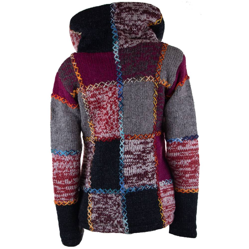 Kunst Und Magie Damen Strickjacke Goa Wolle Bunte Patchwork Winter Jacke mit Fleecefutter und Hochkragen Boho Super Sparpreis