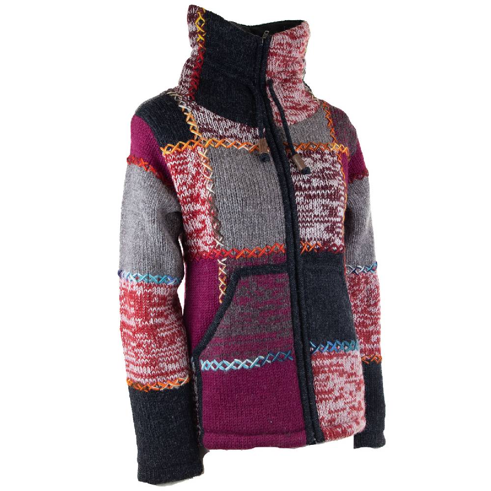 Kunst Und Magie Damen Strickjacke Goa Wolle Bunte Patchwork Winter Jacke mit Fleecefutter und Hochkragen Boho Super Sparpreis