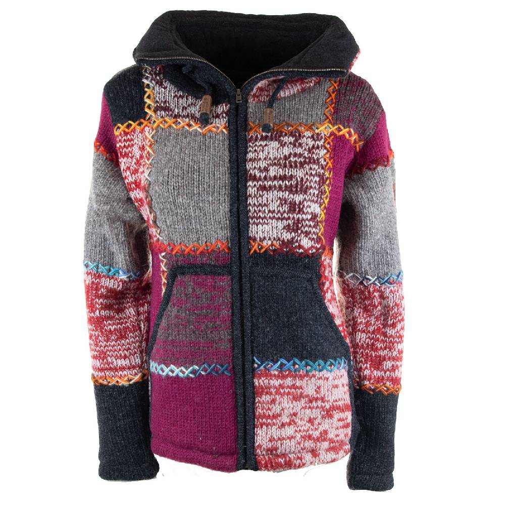 Kunst Und Magie Damen Strickjacke Goa Wolle Bunte Patchwork Winter Jacke mit Fleecefutter und Hochkragen Boho Super Sparpreis