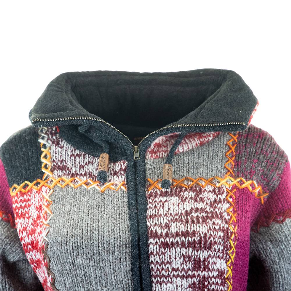 Kunst Und Magie Damen Strickjacke Goa Wolle Bunte Patchwork Winter Jacke mit Fleecefutter und Hochkragen Boho Super Sparpreis