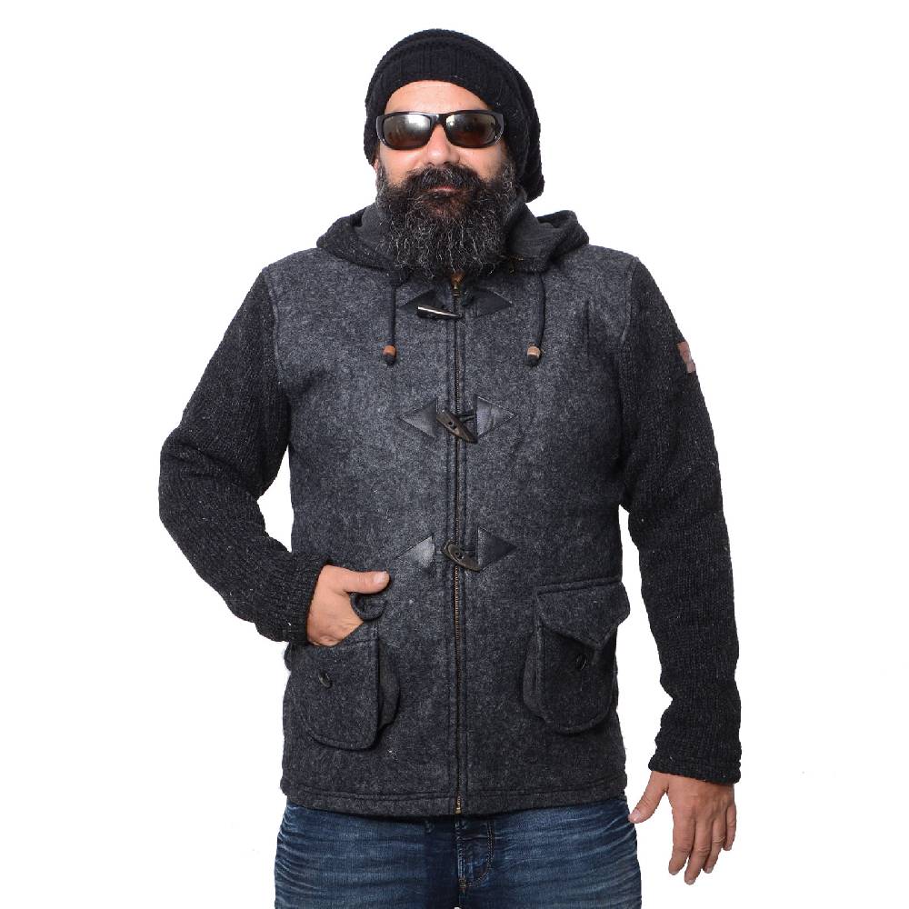 Kunst Und Magie Kunst und Magie Herren Loden Jacke mit gestrickten Ärmeln und abnehmbarer Kapuze 50% Rabatt für begrenzte Zeit