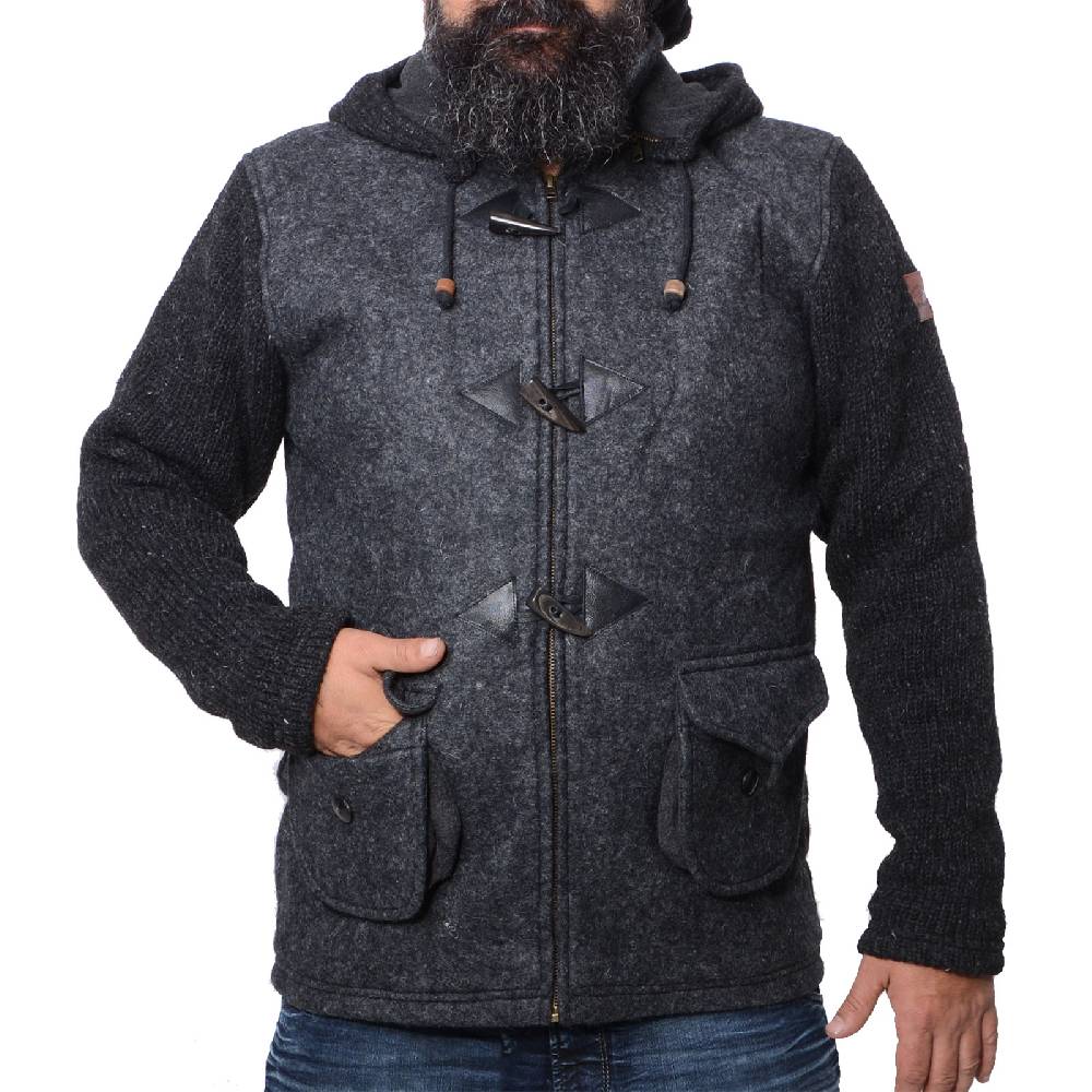 Kunst Und Magie Kunst und Magie Herren Loden Jacke mit gestrickten Ärmeln und abnehmbarer Kapuze 50% Rabatt für begrenzte Zeit