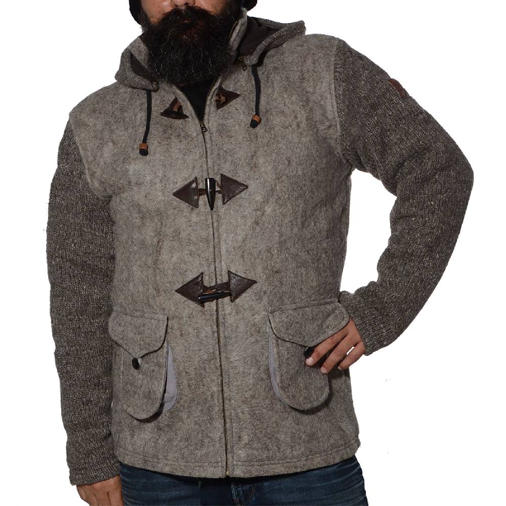 Kunst Und Magie Kunst und Magie Herren Loden Jacke mit gestrickten Ärmeln und abnehmbarer Kapuze 50% Rabatt für begrenzte Zeit