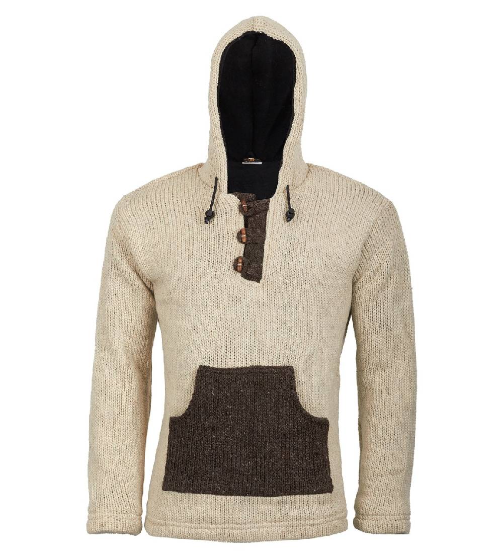 Kunst Und Magie Kunst und Magie Herren Strickpullover Kapuze Wollpullover Nepal Baja Fleecefutter Hoodie Günstig kaufen