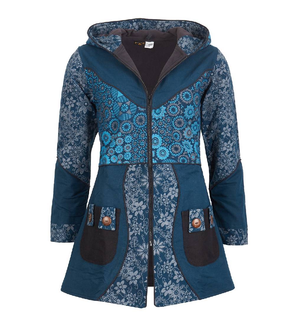 Kunst Und Magie Kunst und Magie Damenmantel mit Kapuze Blumenmuster Jacke Baumwolle Boho Exklusivangebot