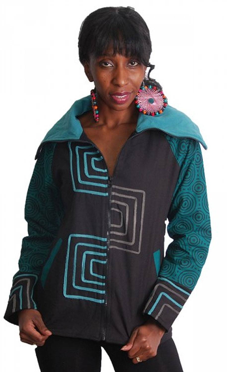 Kunst Und Magie Schwarz-Türkise Boho Jacke mit Rollkragen und Fleecefutter Begrenzt auf 3 Tage