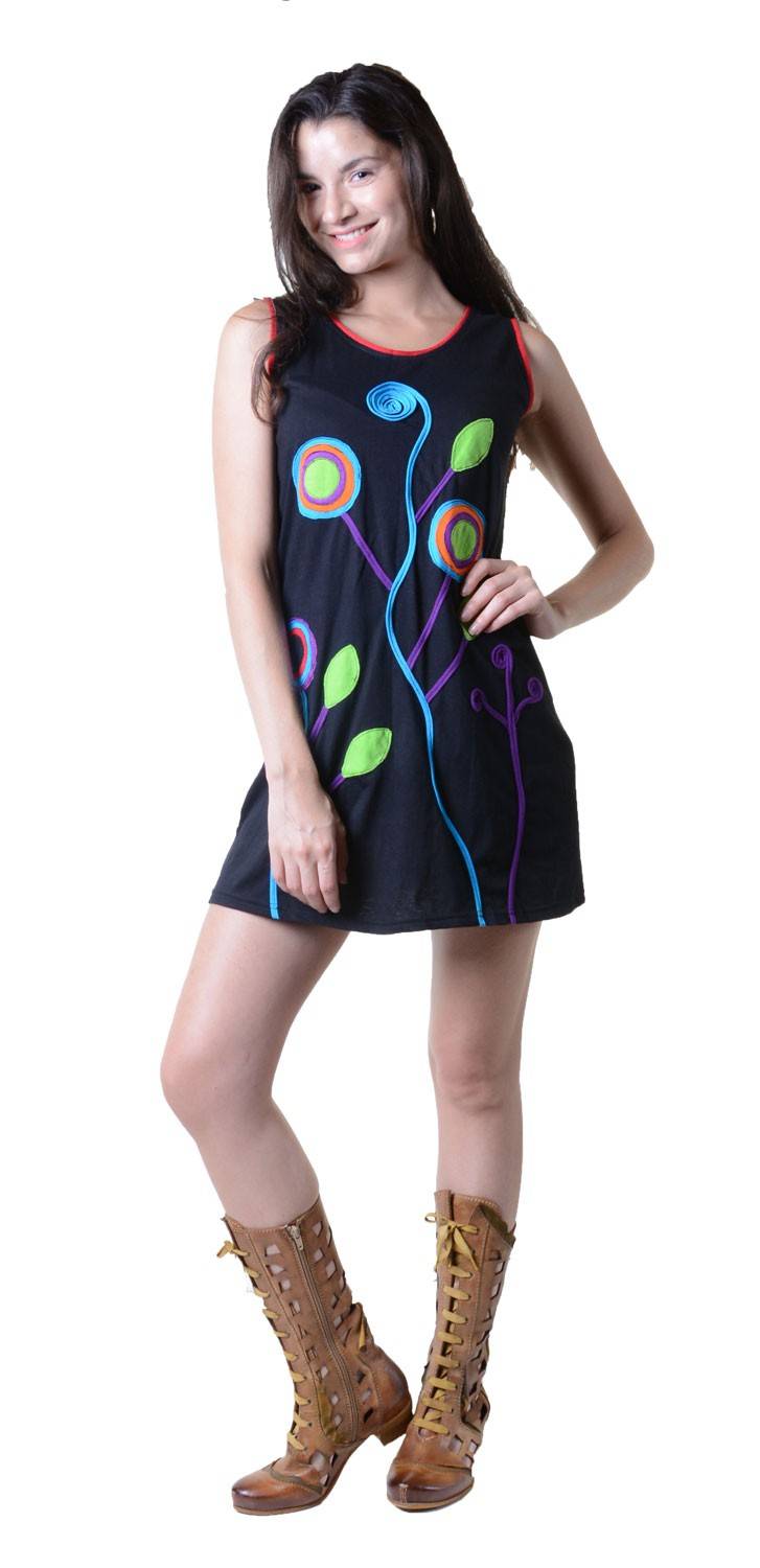 Kunst Und Magie Minikleid Longshirt Tunika Hippie Sommerkleid mit Patches Saisonale Angebote