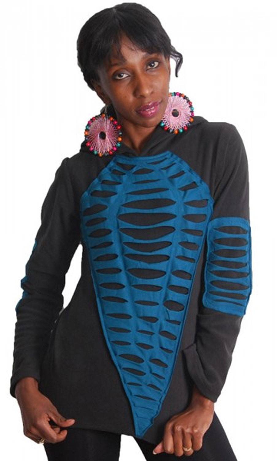 Kunst Und Magie Elfen Fleece Pullover mit Zipfelkapuze in Schwarz/Blau Tiefpreis