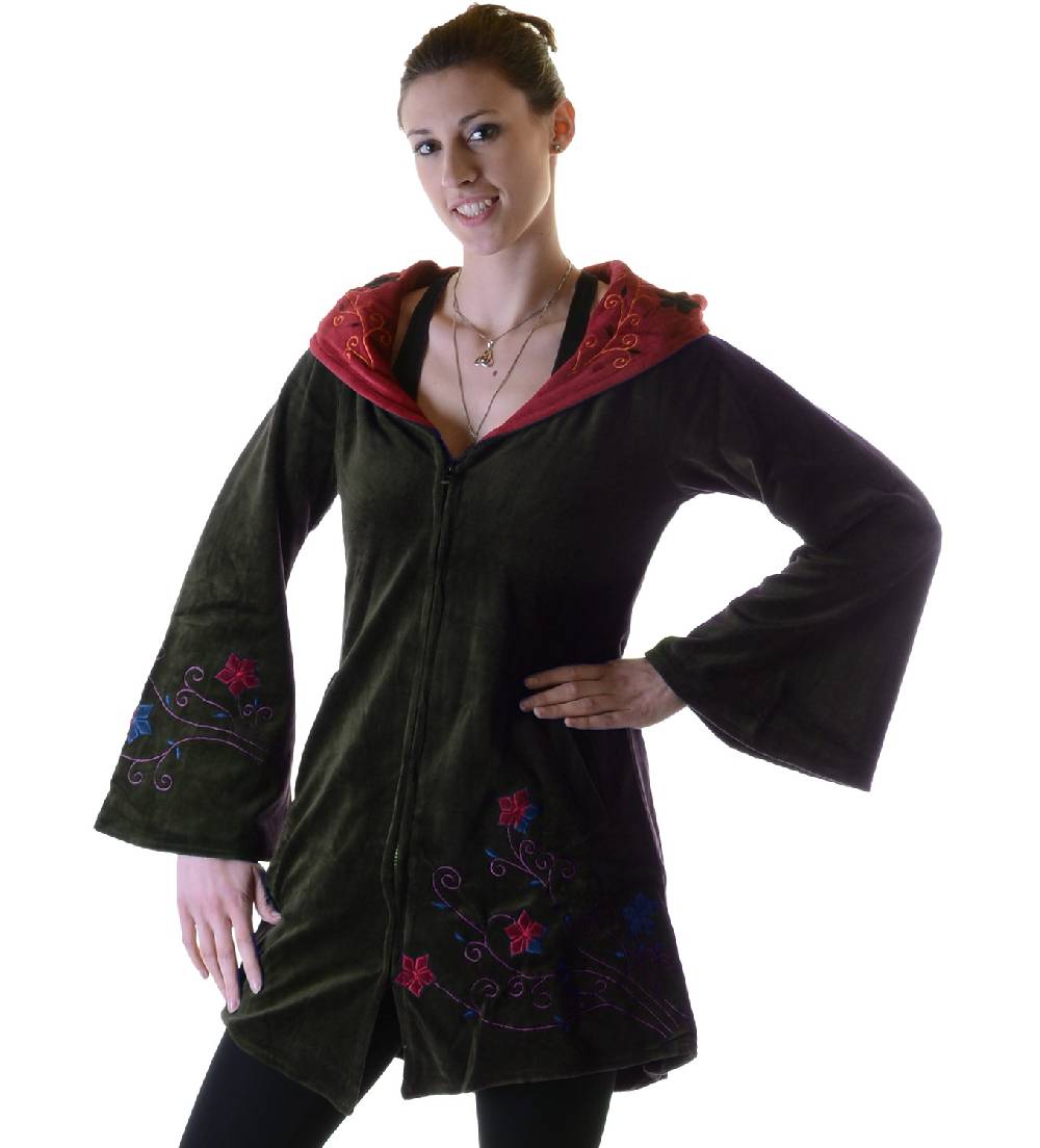 Kunst Und Magie Elfenhafte Samtjacke mit Zipfelkapuze mit Blumenstickerei Kostenlose Rückgabe