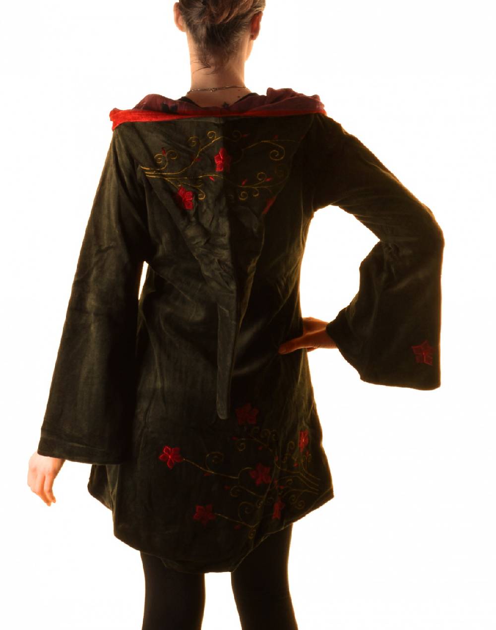 Kunst Und Magie Elfenhafte Samtjacke mit Zipfelkapuze mit Blumenstickerei Kostenlose Rückgabe