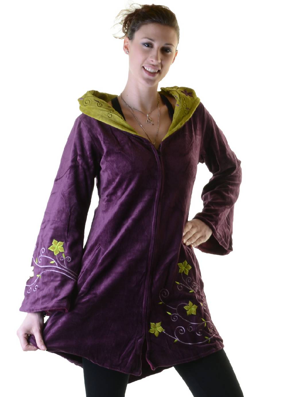 Kunst Und Magie Elfenhafte Samtjacke mit Zipfelkapuze mit Blumenstickerei Kostenlose Rückgabe