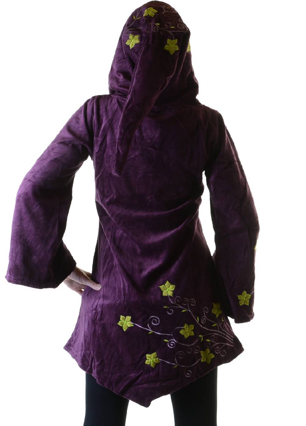 Kunst Und Magie Elfenhafte Samtjacke mit Zipfelkapuze mit Blumenstickerei Kostenlose Rückgabe