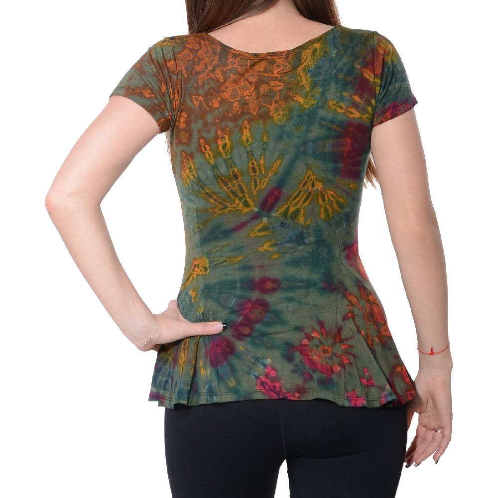 Kunst Und Magie Kunst und Magie Damen Buntes Tie Dye Batik T-Shirt mit Volant Bis zu 55% Rabatt