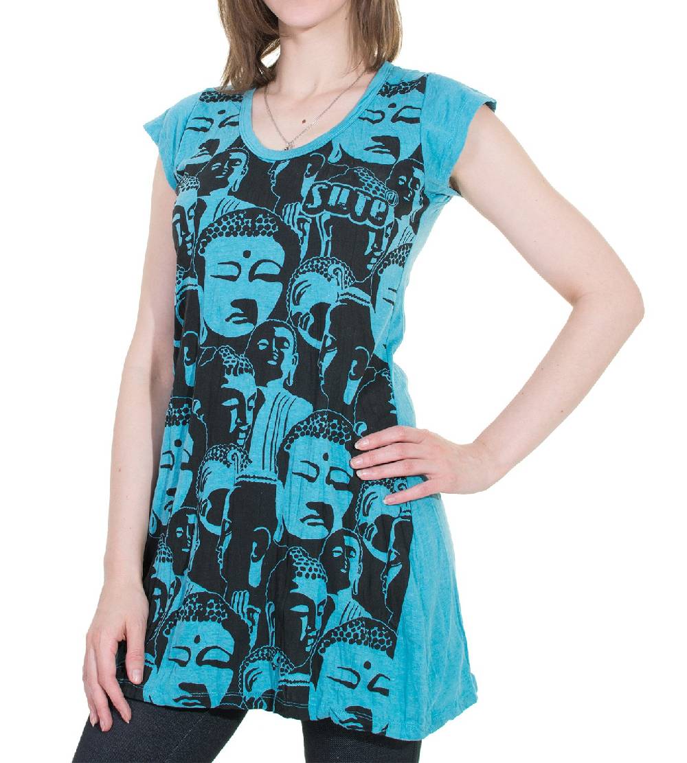 Kunst Und Magie 70er Retro Longshirt Minikleid Sure Psy Goa T-Shirt mit Buddha Köpfen 50% Rabatt mit kostenlosem Versand