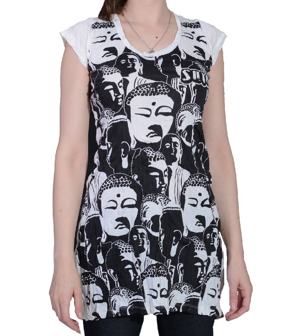 Kunst Und Magie 70er Retro Longshirt Minikleid Sure Psy Goa T-Shirt mit Buddha Köpfen 50% Rabatt mit kostenlosem Versand