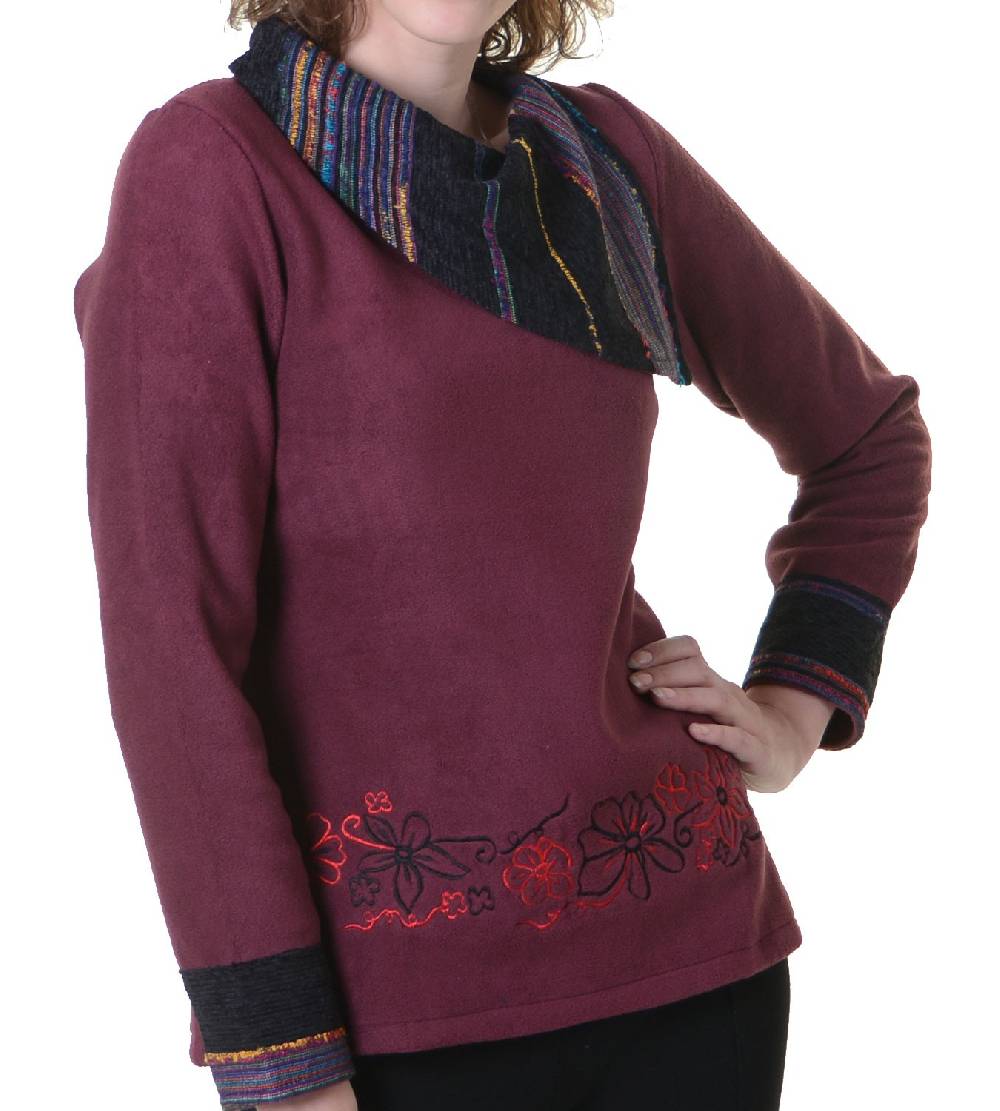 Kunst Und Magie Fleecepullover mit Blumenmustern und auffälligem Baumwoll-Kragen - Damen Oberteil Hippie Goa Boho Überzieher Jubiläumsangebot