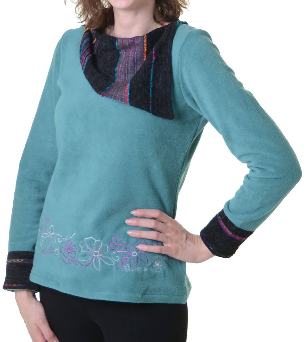 Kunst Und Magie Fleecepullover mit Blumenmustern und auffälligem Baumwoll-Kragen - Damen Oberteil Hippie Goa Boho Überzieher Jubiläumsangebot