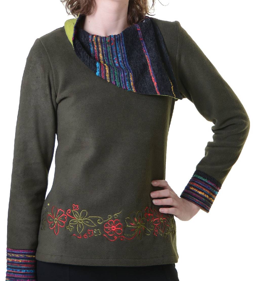Kunst Und Magie Fleecepullover mit Blumenmustern und auffälligem Baumwoll-Kragen - Damen Oberteil Hippie Goa Boho Überzieher Jubiläumsangebot