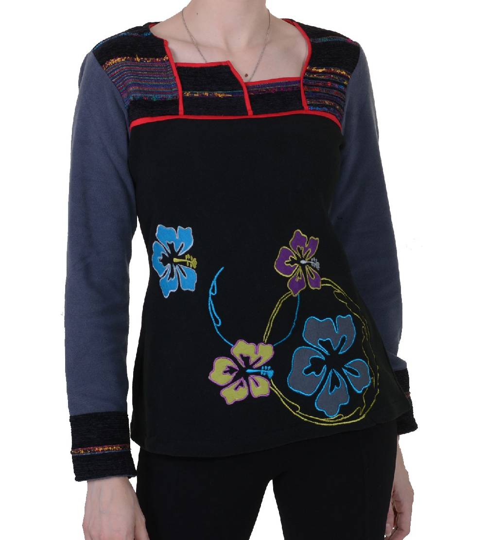 Kunst Und Magie Fleeceoberteil mit wunderschönem Blumenstick für hippe Damen Boho Hippie Goa Psy Lagerräumung