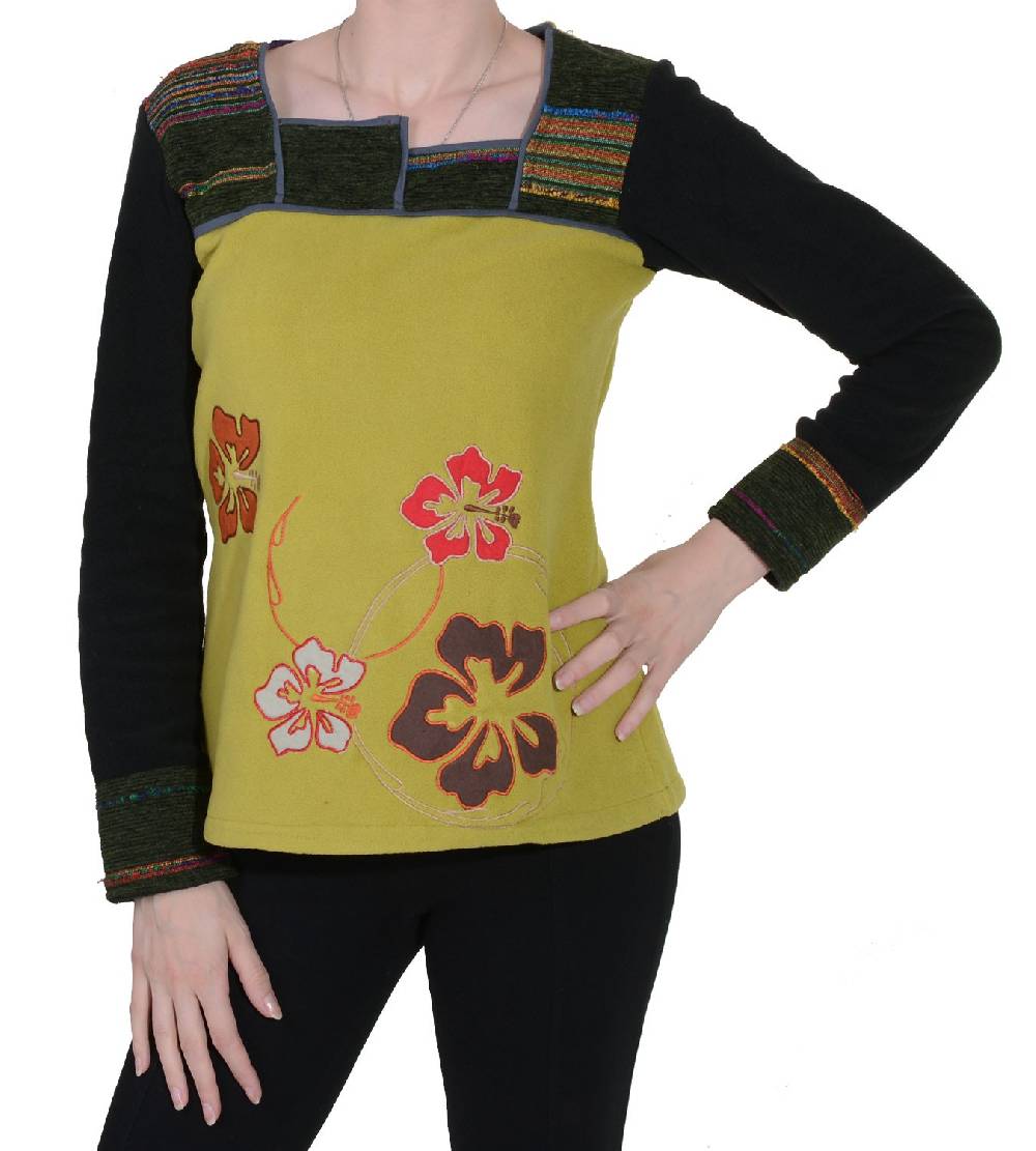 Kunst Und Magie Fleeceoberteil mit wunderschönem Blumenstick für hippe Damen Boho Hippie Goa Psy Lagerräumung
