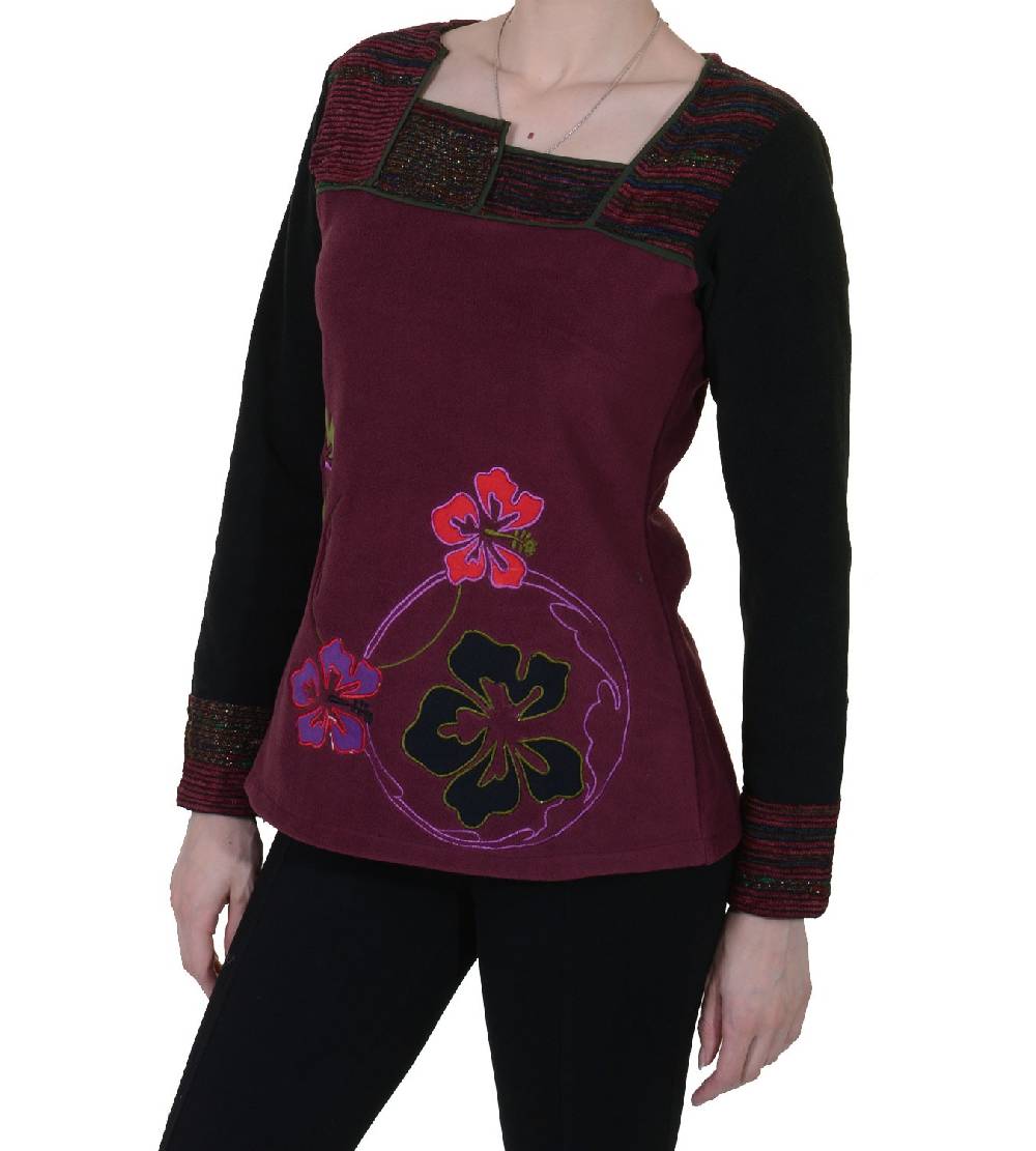 Kunst Und Magie Fleeceoberteil mit wunderschönem Blumenstick für hippe Damen Boho Hippie Goa Psy Lagerräumung