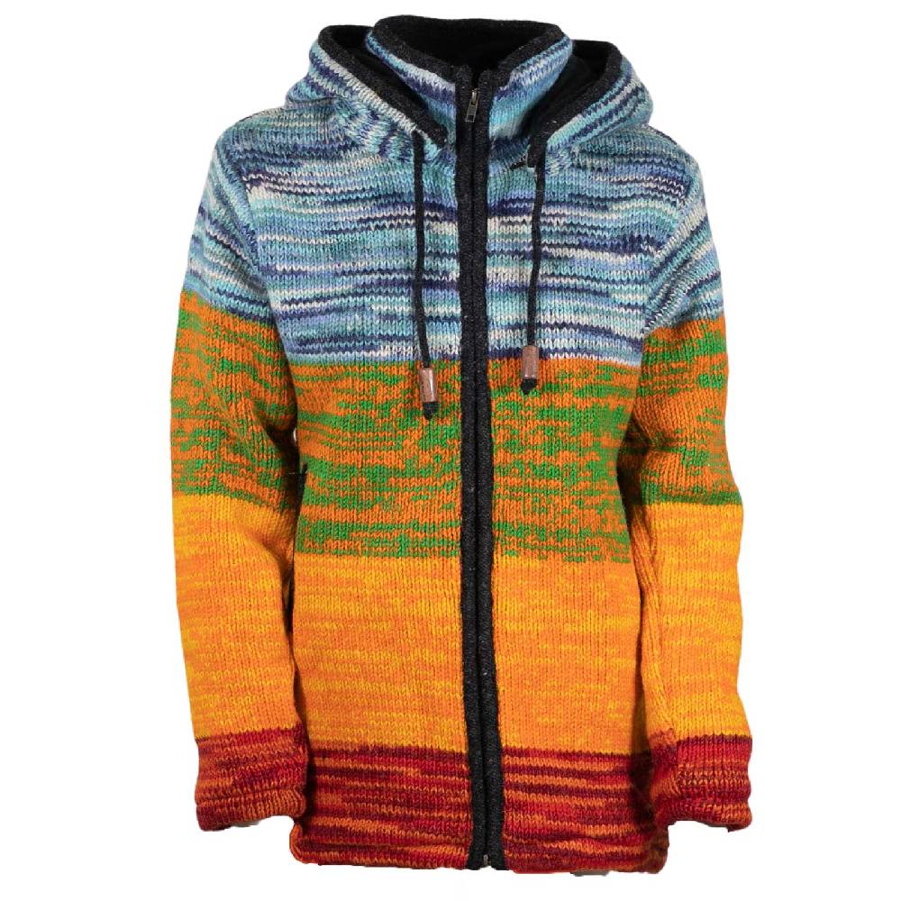 Kunst Und Magie Damen Strickjacke Goa Wolle Jacke mit abnehmbarer Zipfelkapuze Fleecefutter Rainbow Zeitbegrenzte Promotion