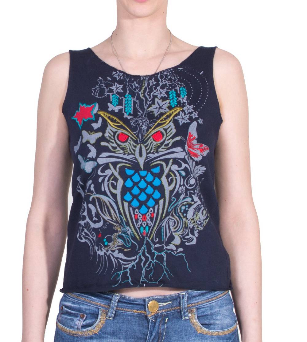 Kunst Und Magie Extravagantes, luftiges Girlie Tank-Top mit Eulenmotiv Sommer Hippie Goa Fabrikladen