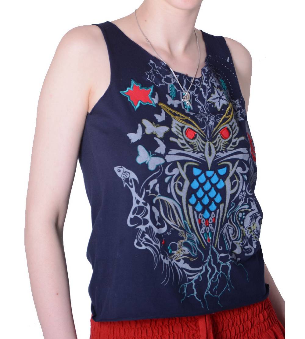 Kunst Und Magie Extravagantes, luftiges Girlie Tank-Top mit Eulenmotiv Sommer Hippie Goa Fabrikladen
