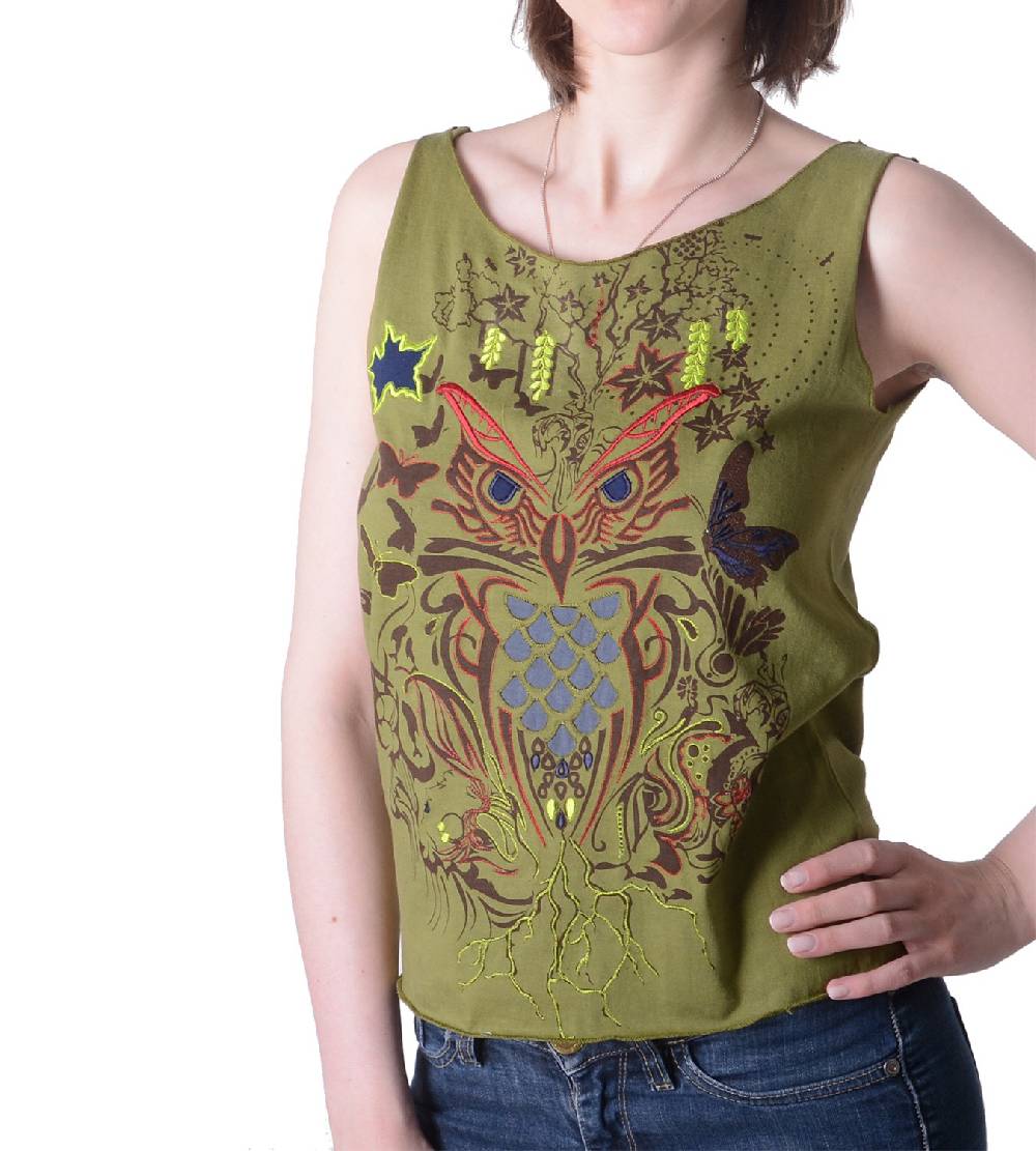 Kunst Und Magie Extravagantes, luftiges Girlie Tank-Top mit Eulenmotiv Sommer Hippie Goa Fabrikladen