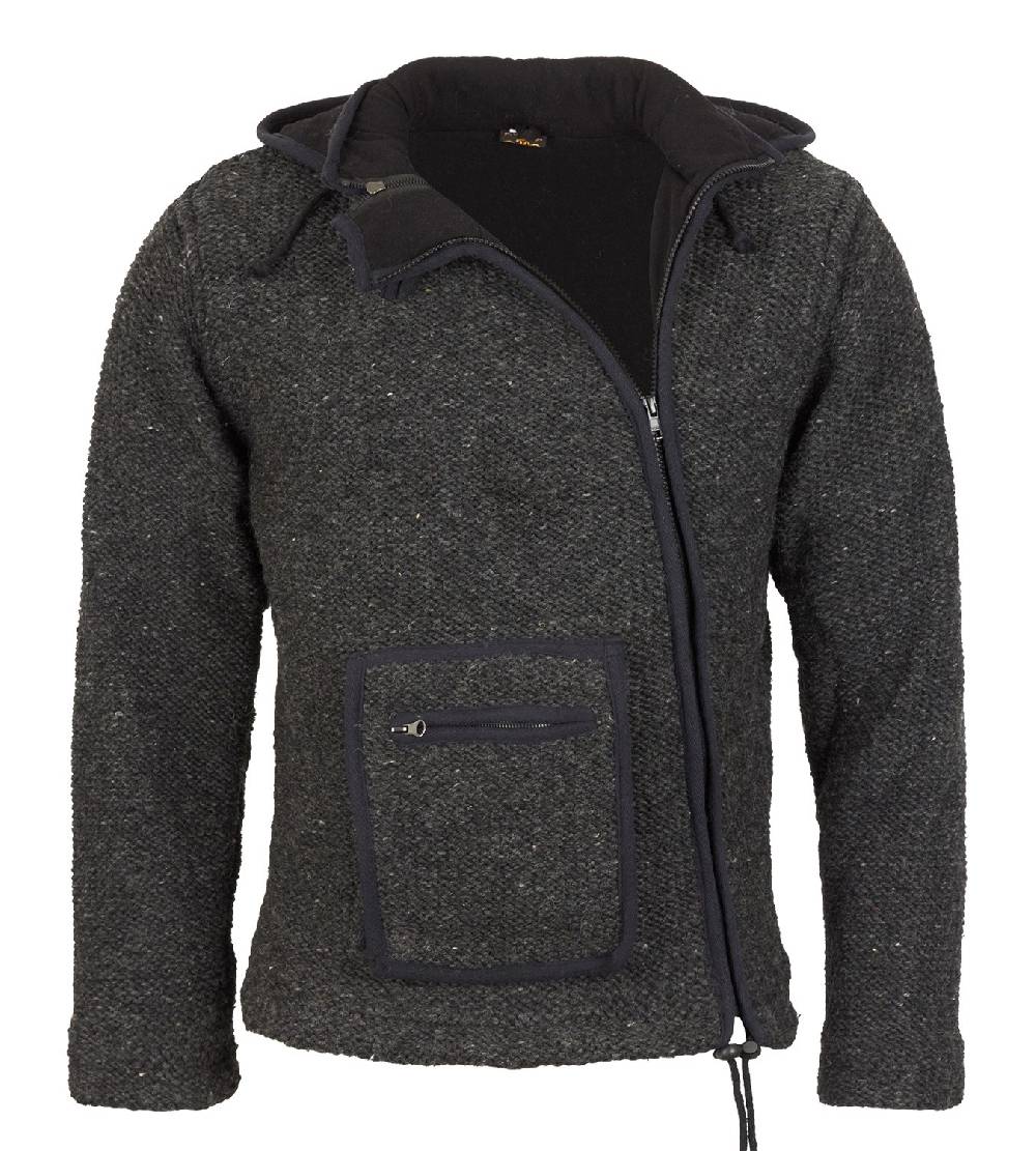 Kunst Und Magie Nepal Strickjacke Pullover Wolle mit Fleecefutter und Kapuze Baja Hippie Outlet