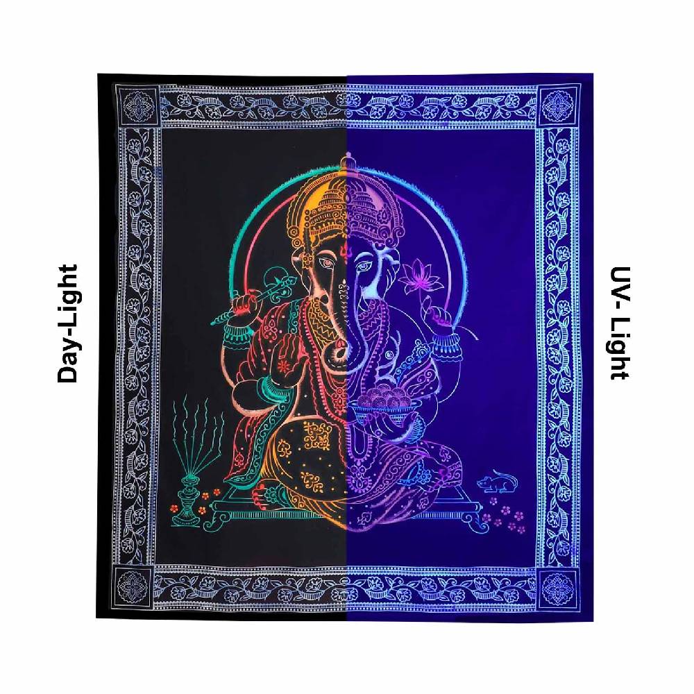 Kunst Und Magie UV Tuch Ganesha Tagesdecke Wandbehang Deko Meditation UV Schwarzlicht ca. 200 x 135 cm Weihnachtsangebot