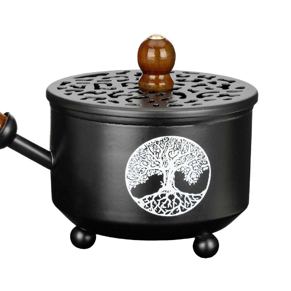 Kunst Und Magie Räucherpfanne aus Metall in schwarz Räuchergefäß Weihrauch-Aromatherapie-Brenner Lebensbaum Cyber Monday