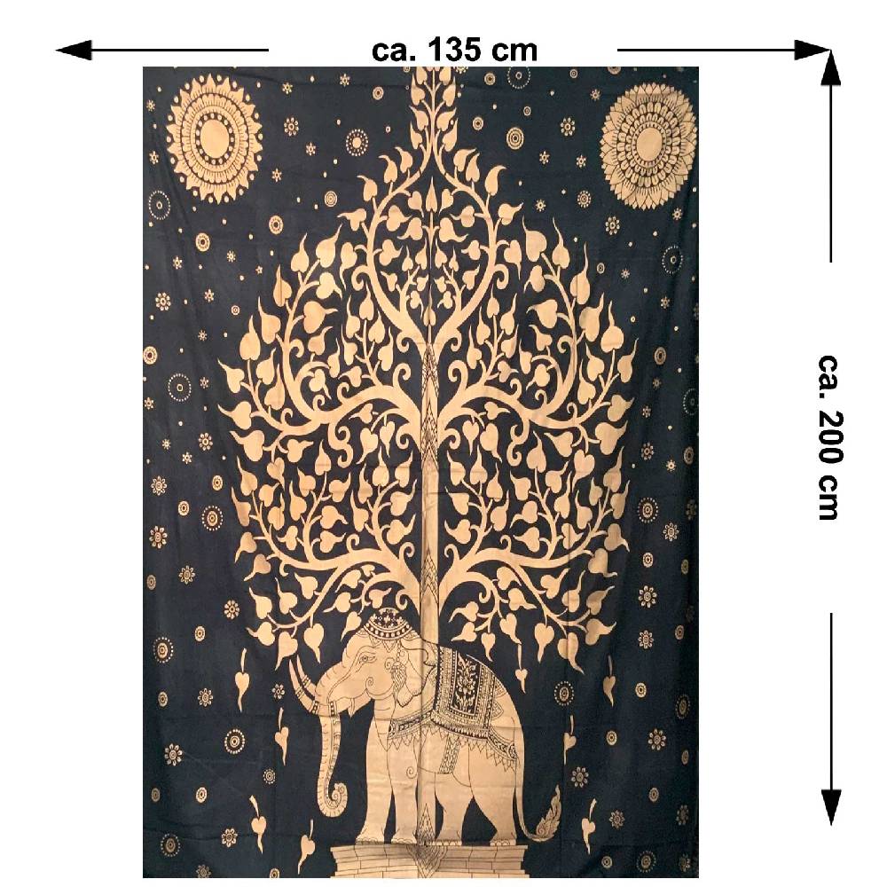 Kunst Und Magie Kunst und Magie Tagesdecke Wandbehang Deko Tuch Goldener Elefant Bohi Baum ca. 200 x135cm Super Sparpreis