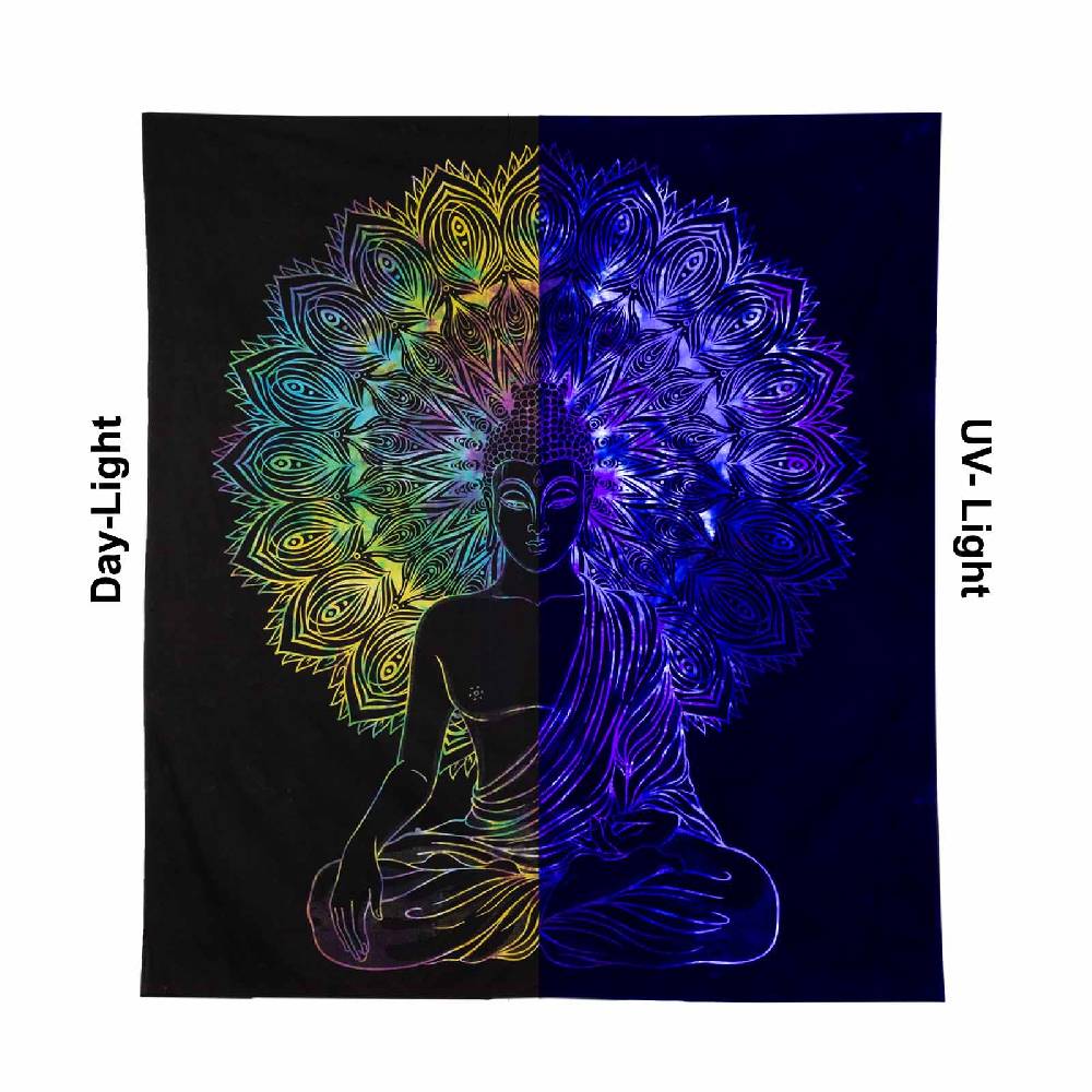 Kunst Und Magie UV Tuch Buddha Tagesdecke Wandbehang Deko Meditation UV Schwarzlicht ca. 200 x 135 cm Begrenzt auf 3 Tage