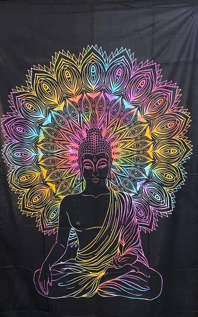 Kunst Und Magie UV Tuch Buddha Tagesdecke Wandbehang Deko Meditation UV Schwarzlicht ca. 200 x 135 cm Begrenzt auf 3 Tage