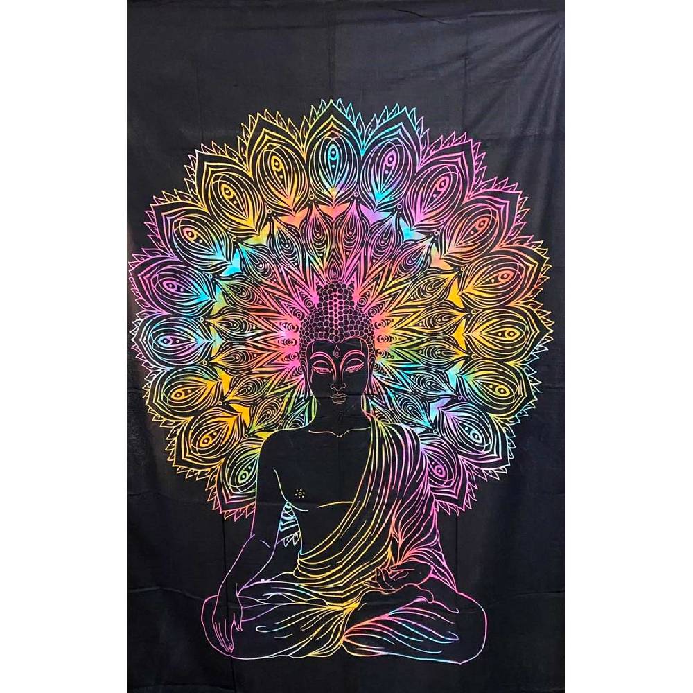Kunst Und Magie UV Tuch Buddha Tagesdecke Wandbehang Deko Meditation UV Schwarzlicht ca. 200 x 135 cm Begrenzt auf 3 Tage