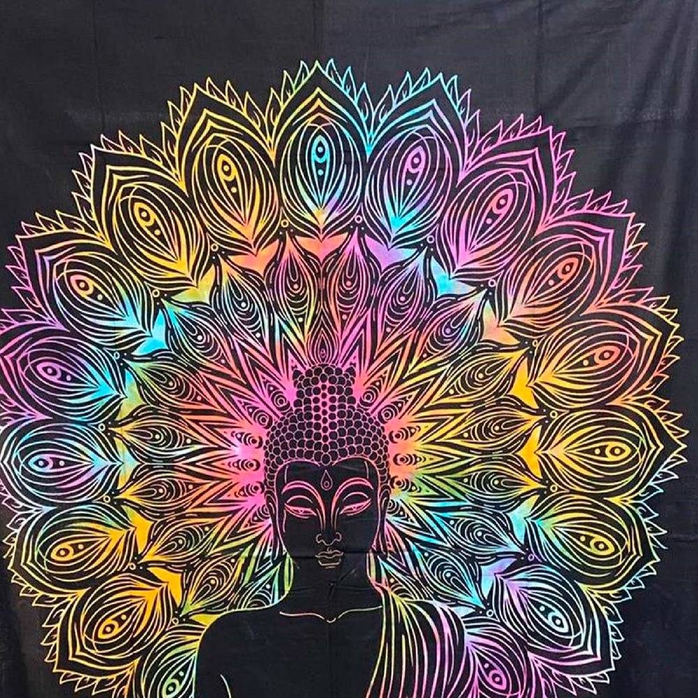 Kunst Und Magie UV Tuch Buddha Tagesdecke Wandbehang Deko Meditation UV Schwarzlicht ca. 200 x 135 cm Begrenzt auf 3 Tage