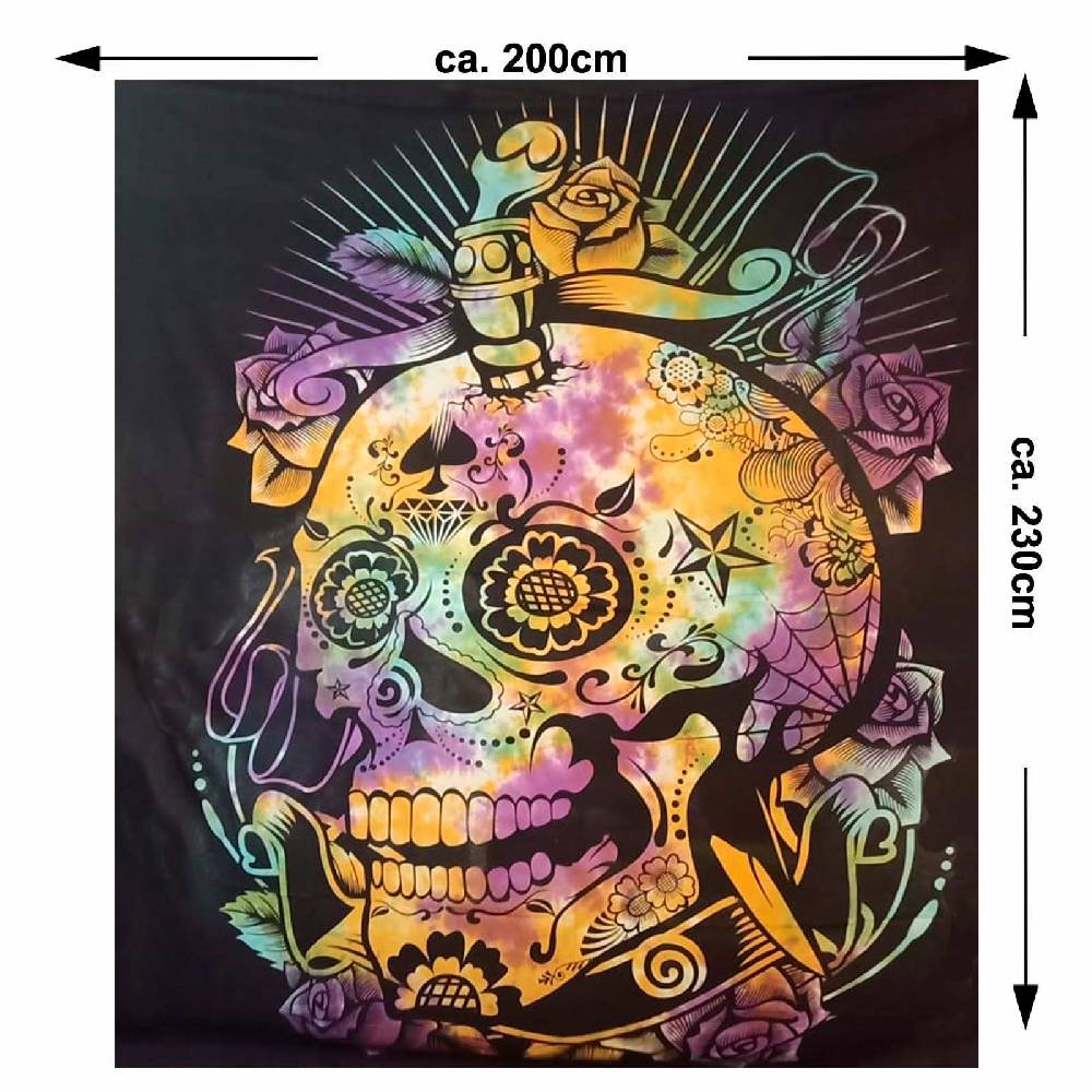Kunst Und Magie Tagesdecke Wandbehang Totenkopf Deko Tuch Sugar Skull Rose Tattoo Multicolour XL ca. 200 x 230cm Online Shopping