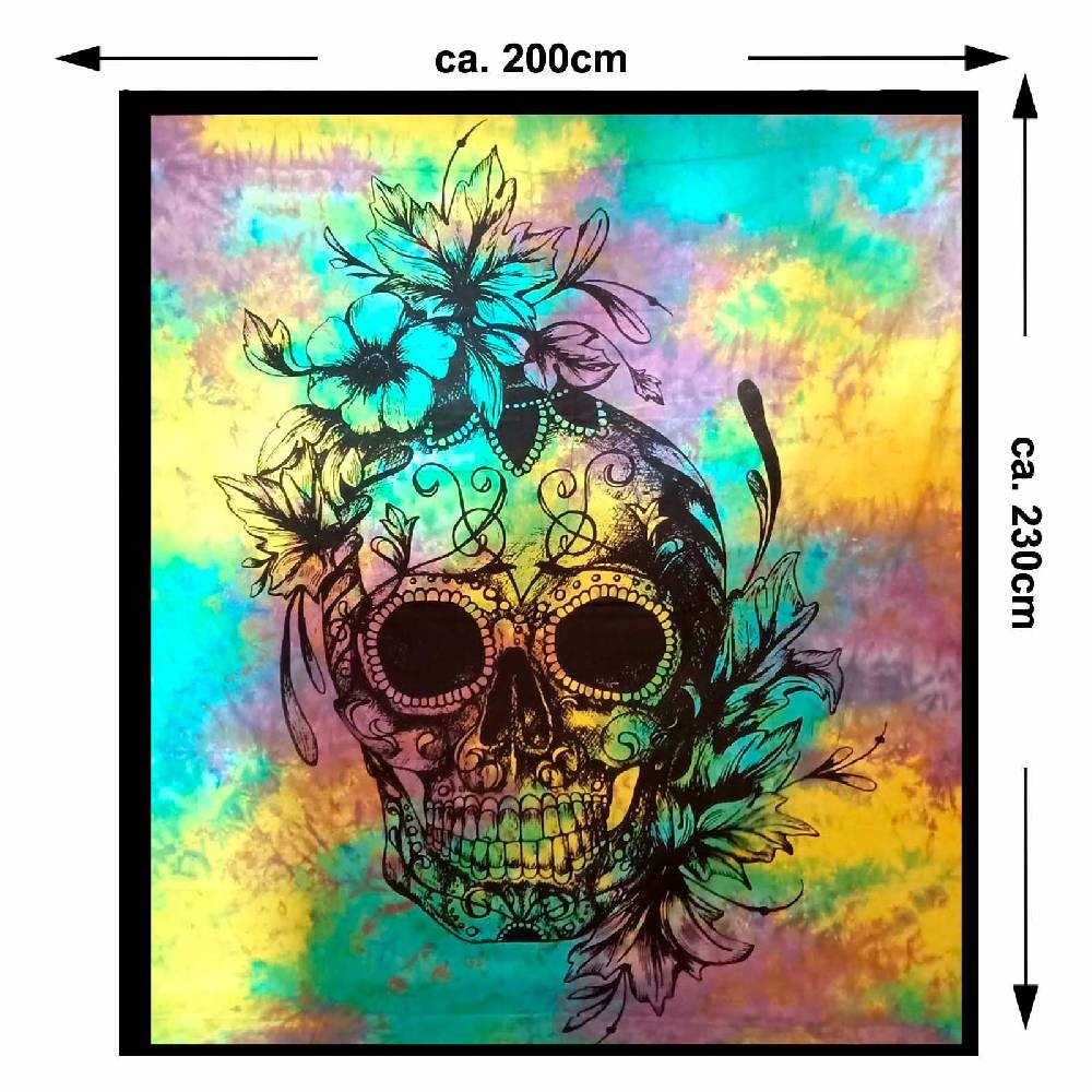 Kunst Und Magie Tagesdecke Wandbehang Totenkopf Deko Tuch Sugar Skull Tattoo Multicolour XL ca. 200 x 230cm Weihnachtsangebot