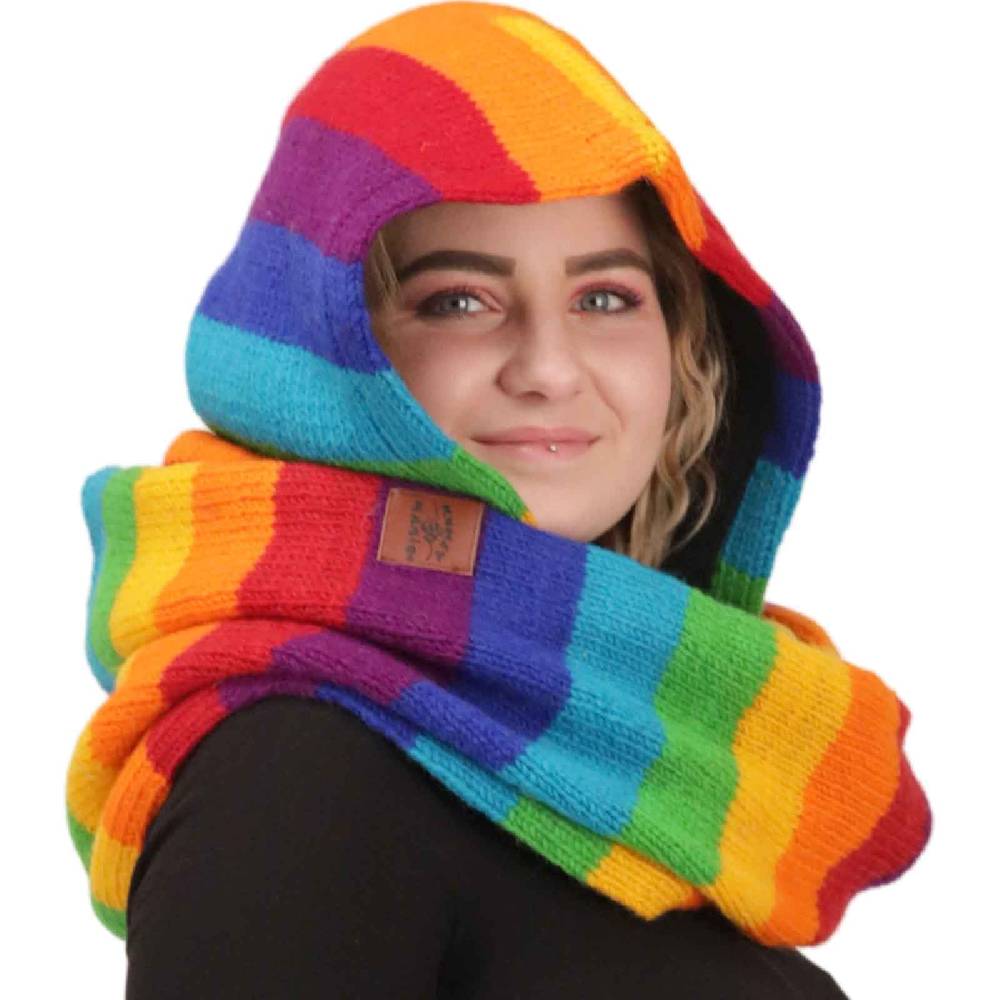 Kunst Und Magie Damen Kapuzenschal Loop Schal Hoodie Schalmütze Poncho Regenbogenfarben aus Wolle gestrickt Strick Kapuze Tiefpreis