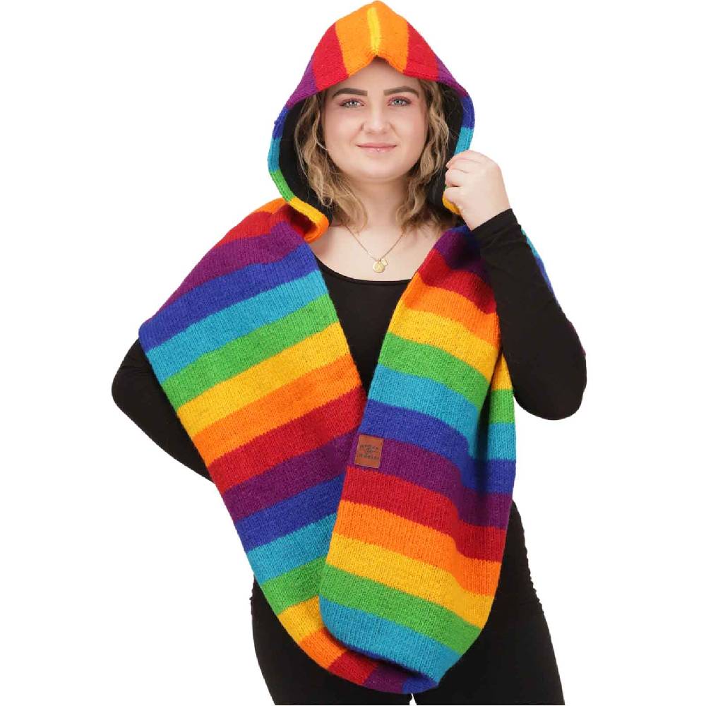 Kunst Und Magie Damen Kapuzenschal Loop Schal Hoodie Schalmütze Poncho Regenbogenfarben aus Wolle gestrickt Strick Kapuze Tiefpreis