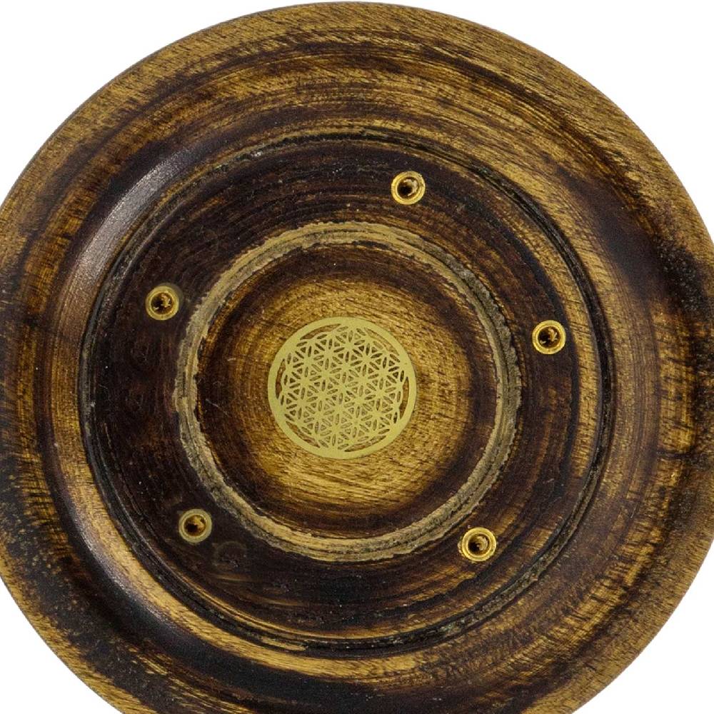 Kunst Und Magie Blume des Lebens Halter für Räucherstäbchen Kegel Räucherstäbchenhalter aus Holz Rund 10cm Speichern exportieren