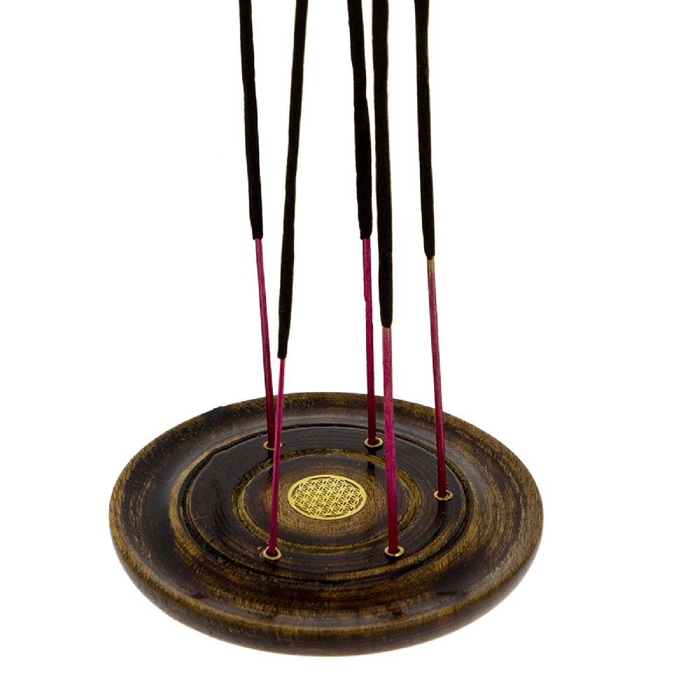 Kunst Und Magie Blume des Lebens Halter für Räucherstäbchen Kegel Räucherstäbchenhalter aus Holz Rund 10cm Speichern exportieren