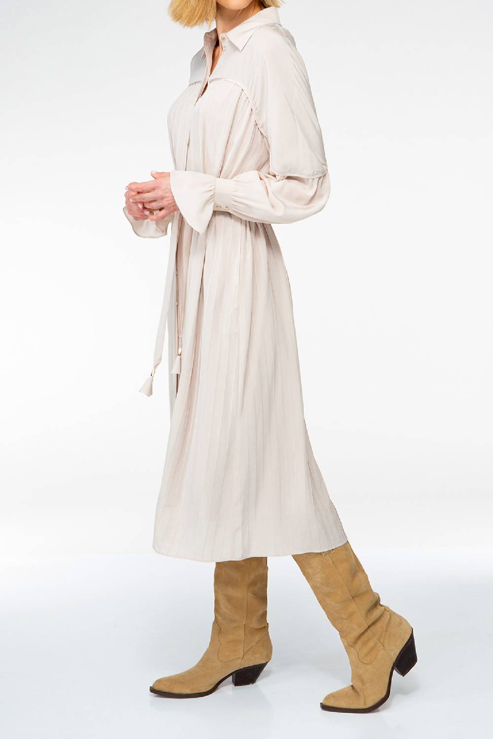 IVI GmbH FANCY Plissé Kleid aus Seiden-Georgette taupe Fabrikverkauf