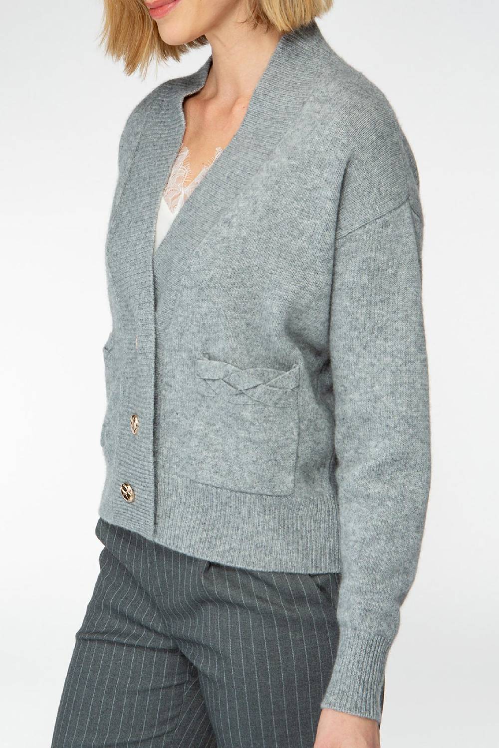 IVI GmbH SOLID KNIT Cardigan mit aufgesetzten Taschen grau-melange Blitzverkäufe