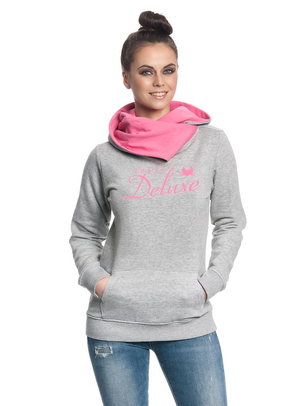 Nastrovje Potsdam Pussy Deluxe Logo Damen Schalkragenpullover grau meliert/pink Fabrikpreis