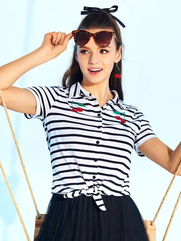 Nastrovje Potsdam Pussy Deluxe Revival Stripes Short Damen Kurzarmbluse schwarz/weiß Sonderangebot