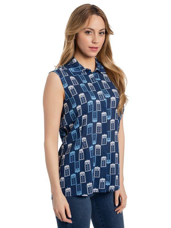 Nastrovje Potsdam Dr. Who Tardis Sleeveless Girl Blouse Bluse blau allover Super Rabatt