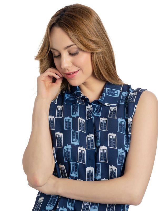 Nastrovje Potsdam Dr. Who Tardis Sleeveless Girl Blouse Bluse blau allover Super Rabatt
