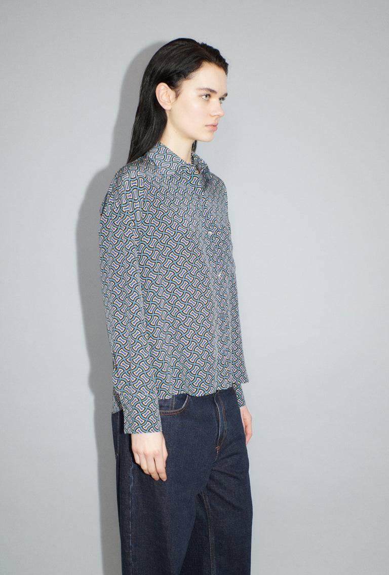 Odeeh Morphid Grid on Crepe de Chine Bluse, Lake Green Black Friday